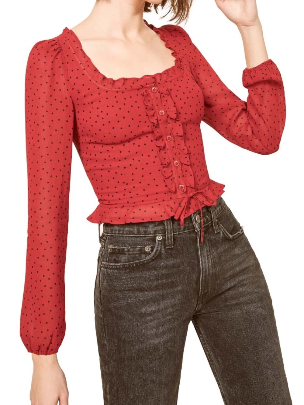 Reformation Red Polka Dot Crop Top Long Sleeve Button Front Size 10